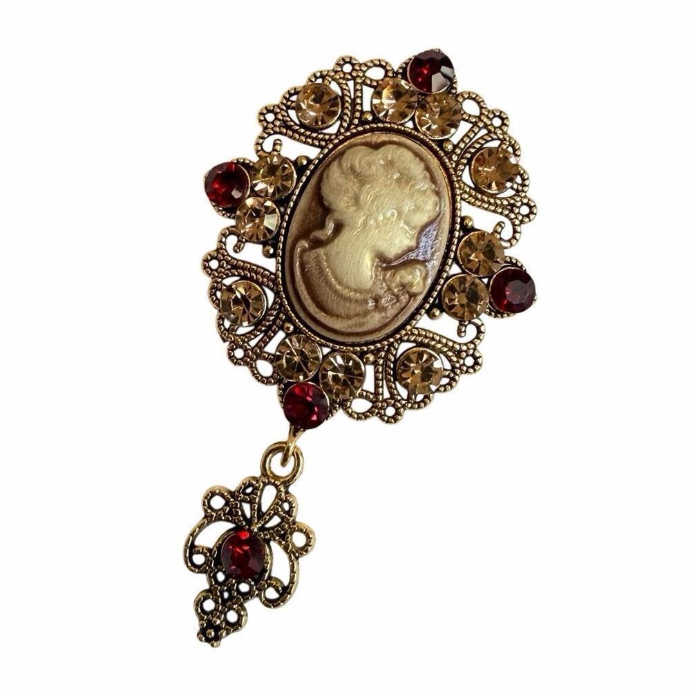Victorian Revival Cameo Brooch Gold Tone Rhinestone Dangle Vintage Style